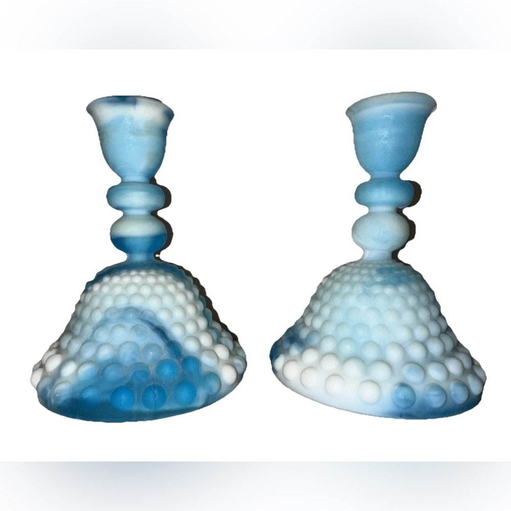 Vtg. Kanawha Blue White Swirl Satin Slag Hobnail Glass Candle holder‎ Pair Matte